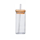 DailyNeedDeals | Square Glass Tumbler with Bamboo Lid & Straw - Iced Coffee/Smoothie Cup