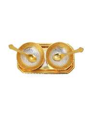 German Gold Round 4 Inch Brass Bowl Set with Embossed Tray and 2 Spoon with Golden Box (Set of 5 Pieces)