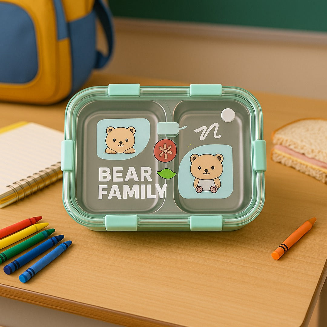 🧸 Bear Family Stainless Steel Lunch Box – 2 Compartments 🥪