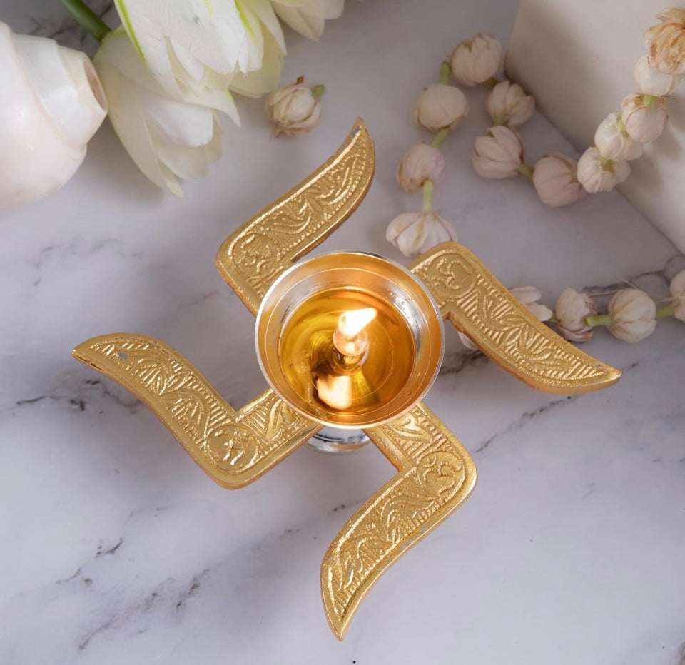 Ein Sof Swastik Brass Akhand Diya for Puja with Gift Box, Gold & White Akhand Diyas Pooja Room Decoration, Return Gift & House Warming Gift