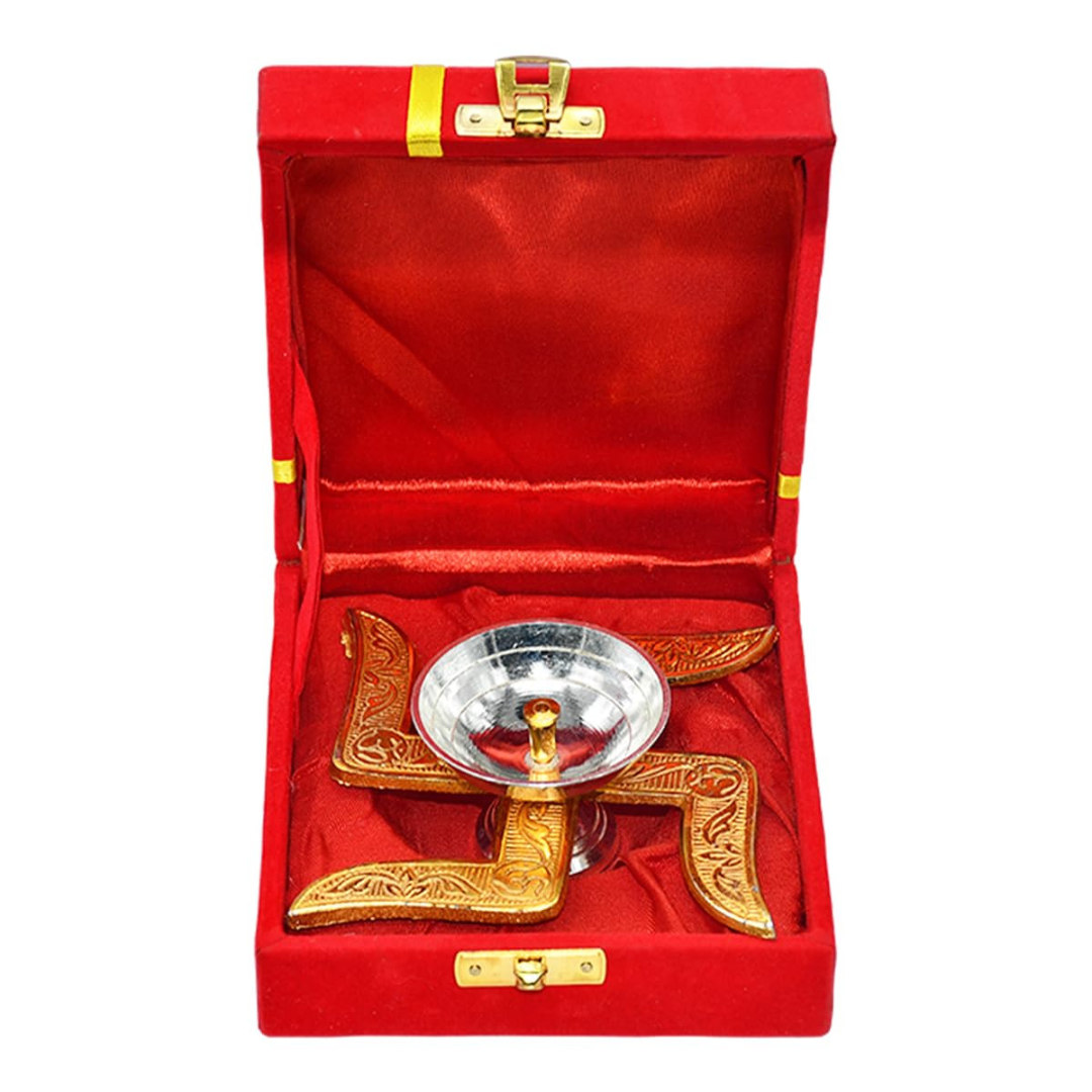 Ein Sof Swastik Brass Akhand Diya for Puja with Gift Box, Gold & White Akhand Diyas Pooja Room Decoration, Return Gift & House Warming Gift