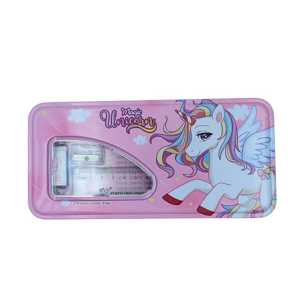 DailyNeedDeals | Magic Unicorn Pink Metal Pencil Case - Long Stationery Box with Times Table