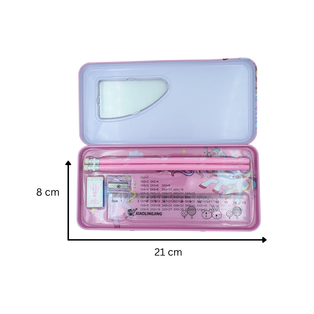 DailyNeedDeals | Magic Unicorn Pink Metal Pencil Case - Long Stationery Box with Times Table