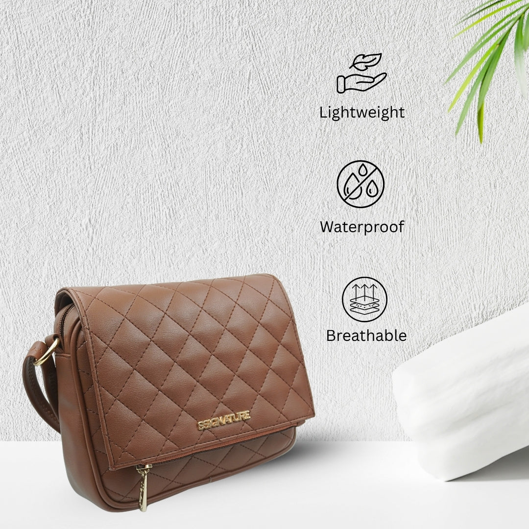 DailyNeedDeals | Quilted Brown Sling Bag - Lightweight &amp; Waterproof Crossbody Purse