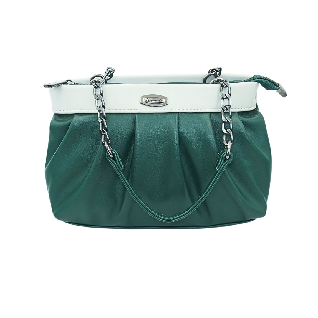DailyNeedDeals | Ruched Green & White Shoulder Bag - Lightweight Pleated Chain Purse
