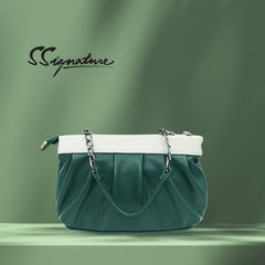 DailyNeedDeals | Ruched Green & White Shoulder Bag - Lightweight Pleated Chain Purse