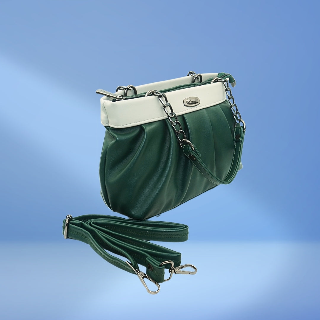 DailyNeedDeals | Ruched Green & White Shoulder Bag - Lightweight Pleated Chain Purse