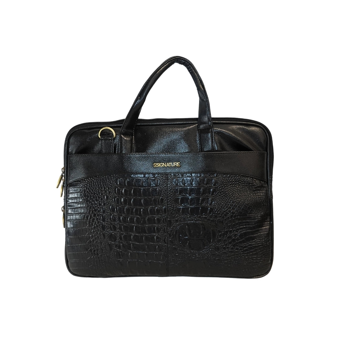 DailyNeedDeals | Black Croc-Embossed Professional Laptop Briefcase - Signature Collection