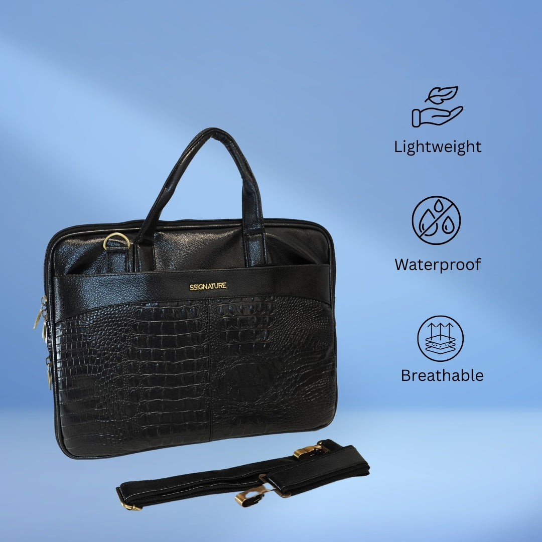 DailyNeedDeals | Black Croc-Embossed Professional Laptop Briefcase - Signature Collection