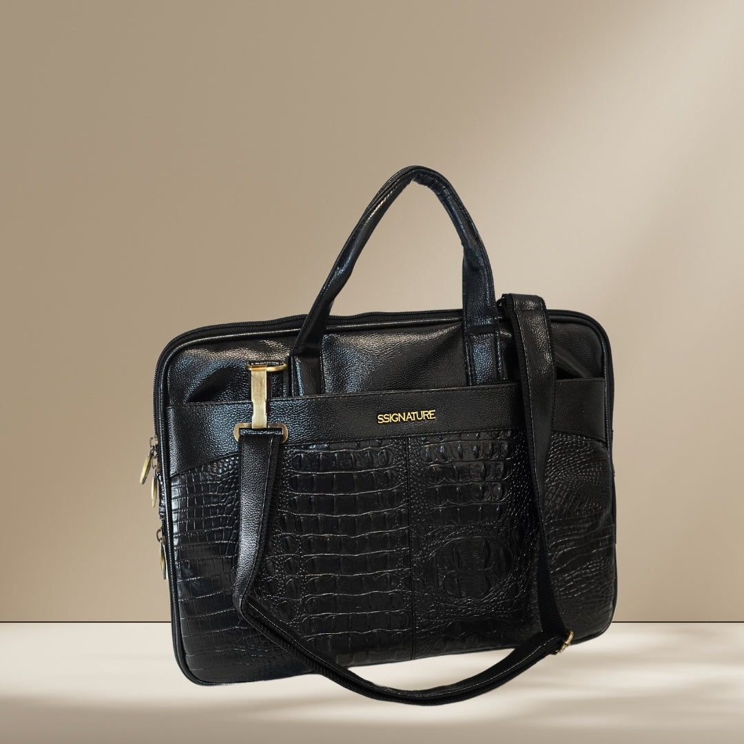 DailyNeedDeals | Black Croc-Embossed Professional Laptop Briefcase - Signature Collection