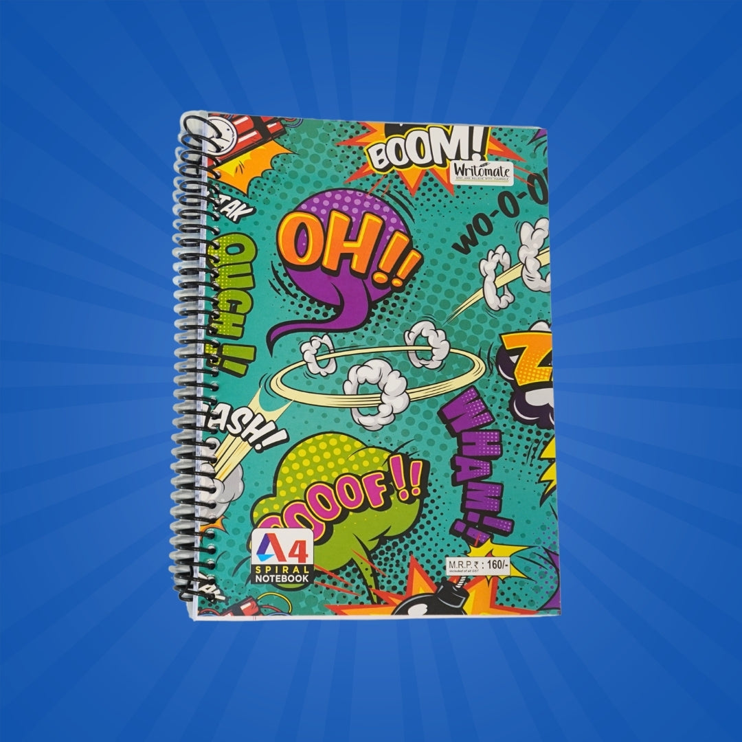 DailyNeedDeals | A4 Spiral Notebook - Comic Book Pop Art Cover | "Boom!" "Oh!!" Graphics|500Page