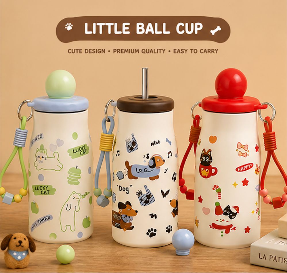 Cute Kids Straw Water Bottle with Strap – Little Ball Cup Cartoon Sipper Bottle for School & Outdoor Use