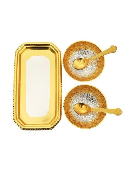 German Gold Round 4 Inch Brass Bowl Set with Embossed Tray and 2 Spoon with Golden Box (Set of 5 Pieces)