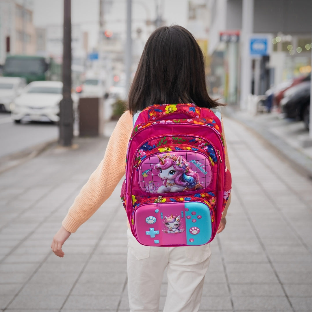 DailyNeedDeals Unicorn Gamer Hardshell Kids Backpack | Durable Pink School Bag with Console Design