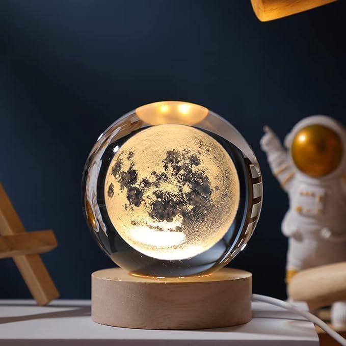 3D Galaxy Crystal Ball Night Lamp|Creative Engraved Night Light|USB Power LED Wooden Base Crystal for Home Decoration Birthday Gift for Teens|Boys, Girls(Warm White)(2.4inch) (Moon lamp-1)