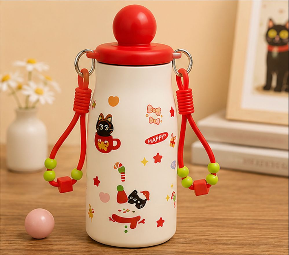 Cute Kids Straw Water Bottle with Strap – Little Ball Cup Cartoon Sipper Bottle for School & Outdoor Use