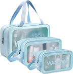Wash Bag Pouch for Travel Kit Toiletry Bag Cosmetic Bag Make Up Box for Brushes Accessories with Handle Large Capacity Translucent Waterproof Travel Storage Organizer Set of 3 (Sky Blue)