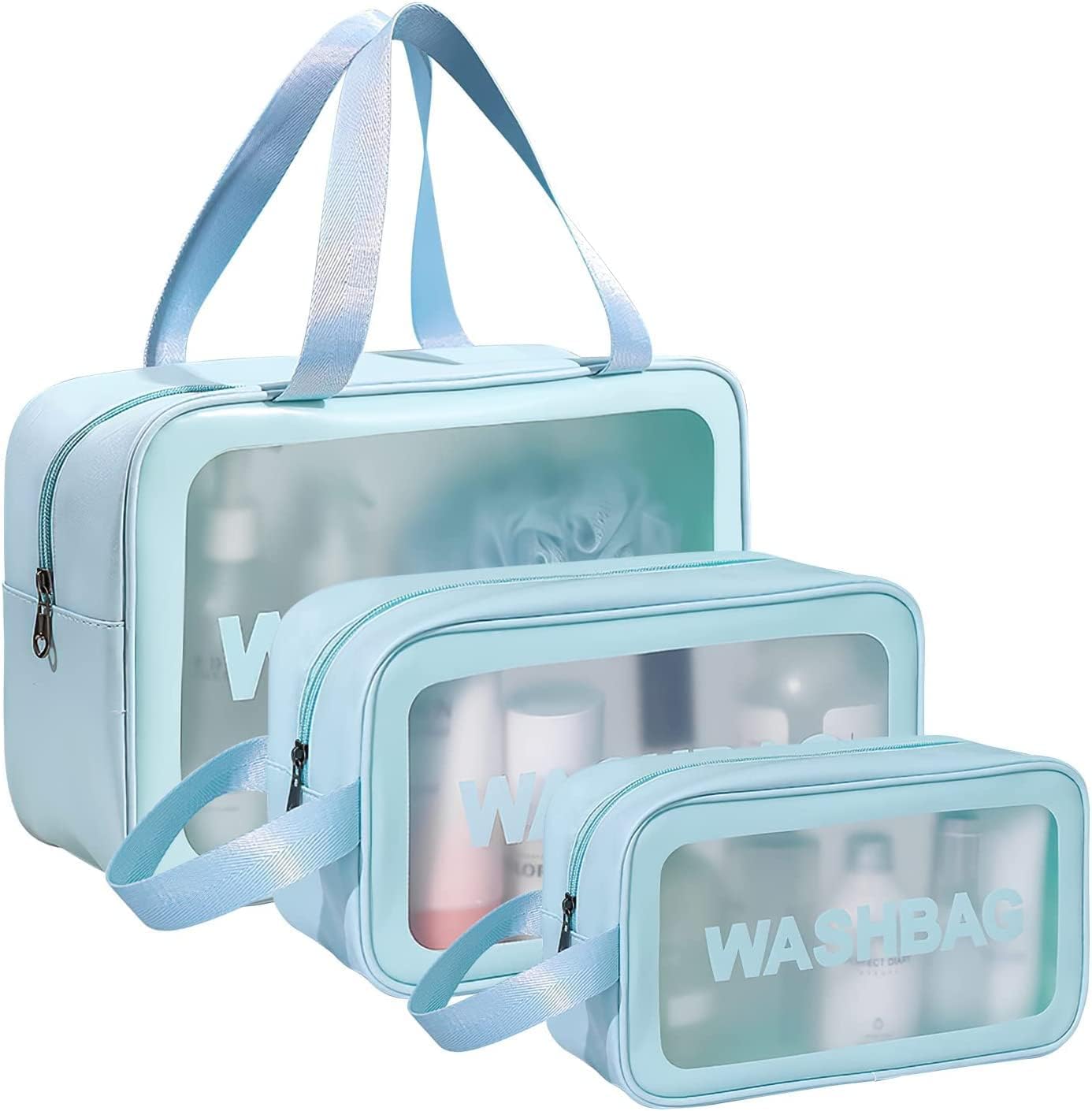 Wash Bag Pouch for Travel Kit Toiletry Bag Cosmetic Bag Make Up Box for Brushes Accessories with Handle Large Capacity Translucent Waterproof Travel Storage Organizer Set of 3 (Sky Blue)