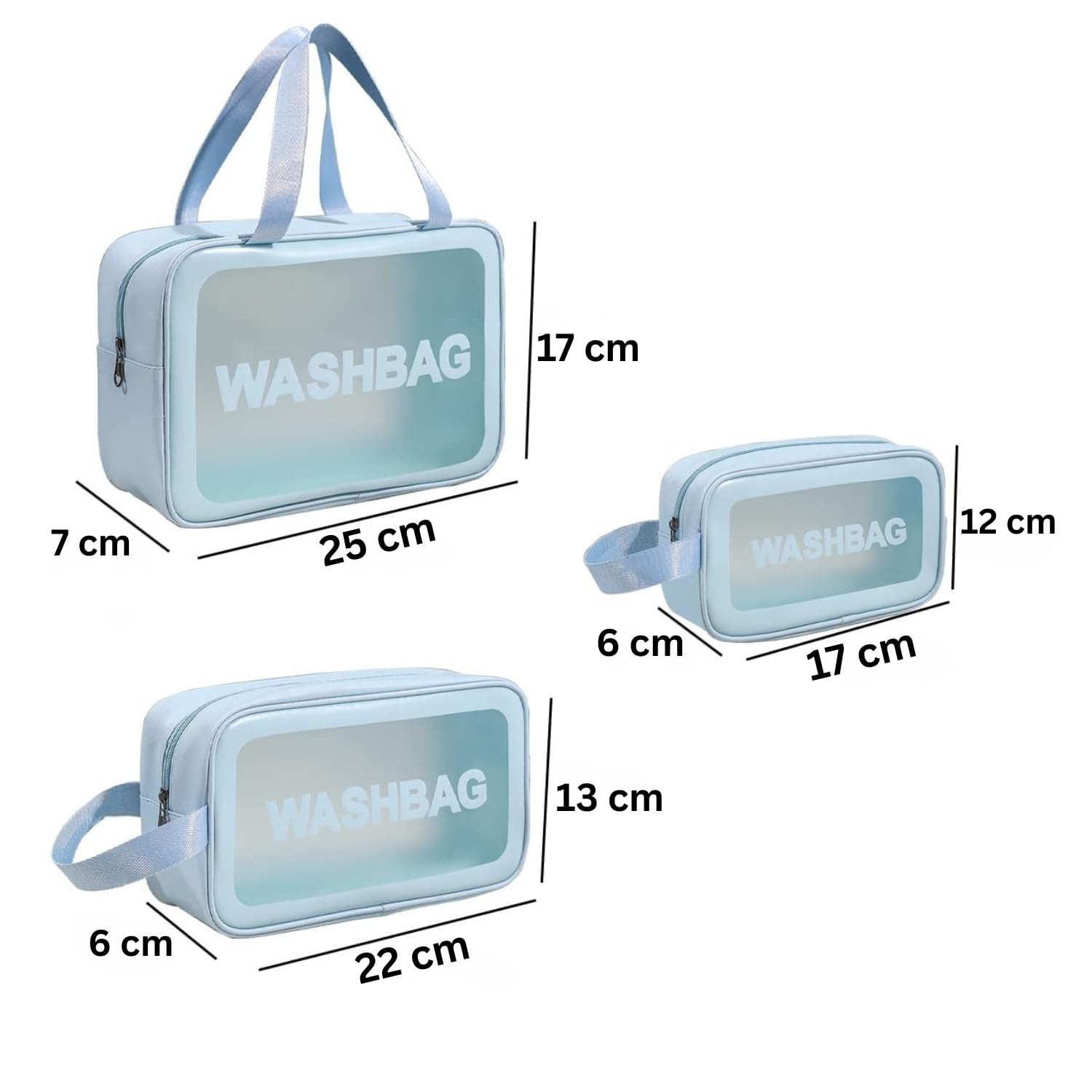 Wash Bag Pouch for Travel Kit Toiletry Bag Cosmetic Bag Make Up Box for Brushes Accessories with Handle Large Capacity Translucent Waterproof Travel Storage Organizer Set of 3 (Sky Blue)