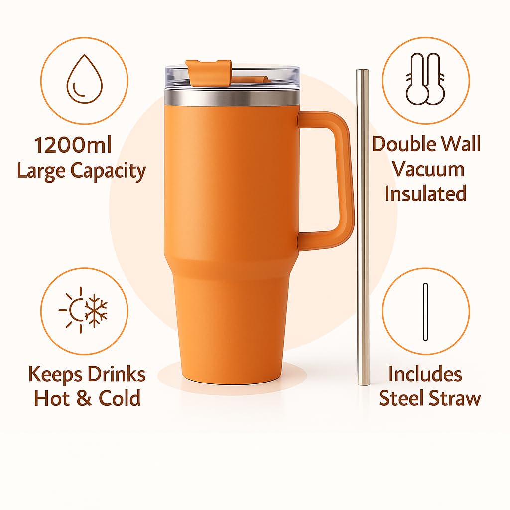 1200ml Stainless Steel Tumbler with Handle & Steel Straw | Double Wall Vacuum Insulated Mug | Spill Proof Lid | Beer & Cold Drink Travel Cup (Multicolor)