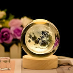 3D Galaxy Crystal Ball Night Lamp|Creative Engraved Night Light|USB Power LED Wooden Base Crystal for Home Decoration Birthday Gift for Teens|Boys, Girls(Warm White)(2.4inch) (Moon lamp-1)