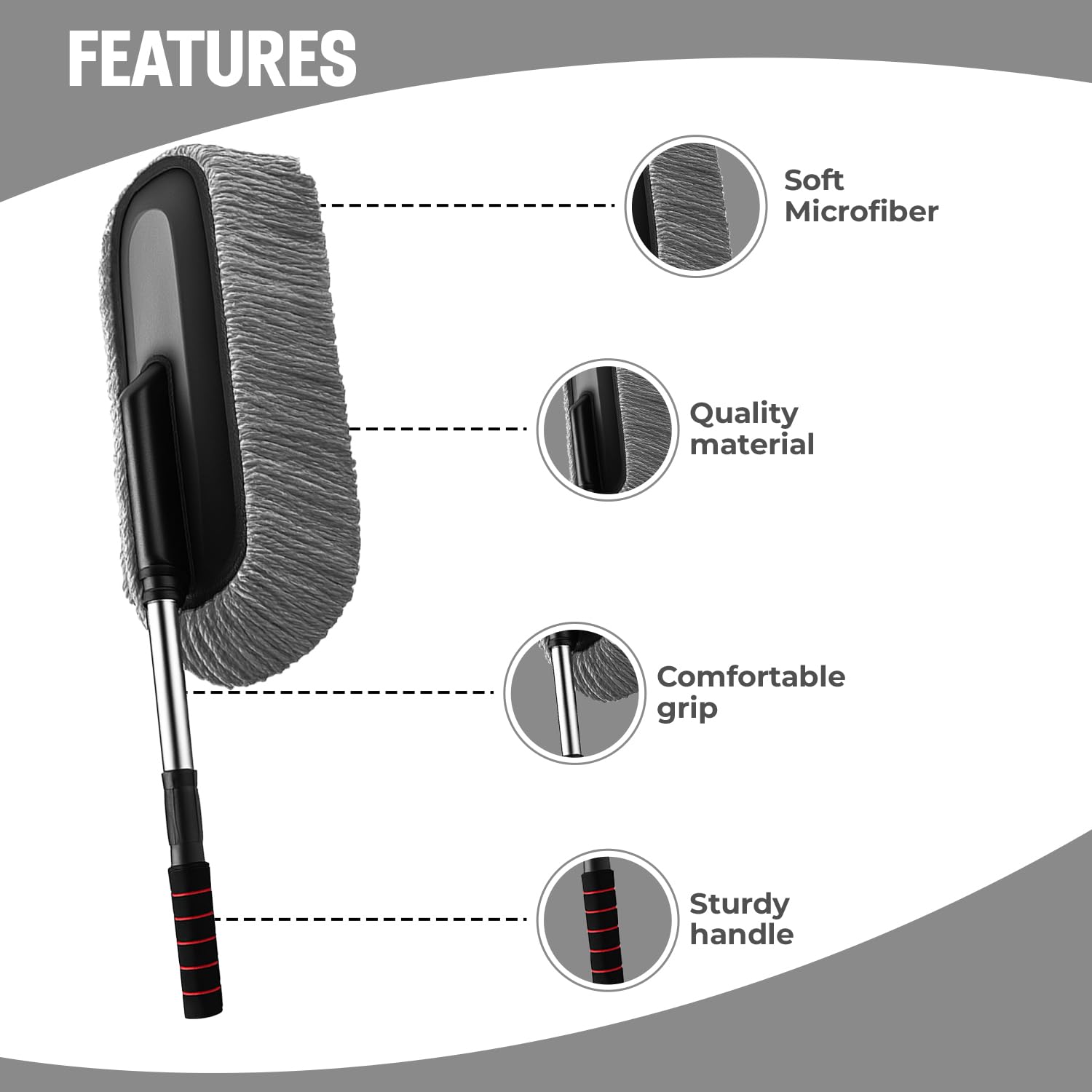 Microfiber Car Duster Brush with Extendable Handle | Dusting Brush for Interior & Exterior | Scratch-Free Cleaning Microfiber Duster for Car & Home Cleaning (Grey)