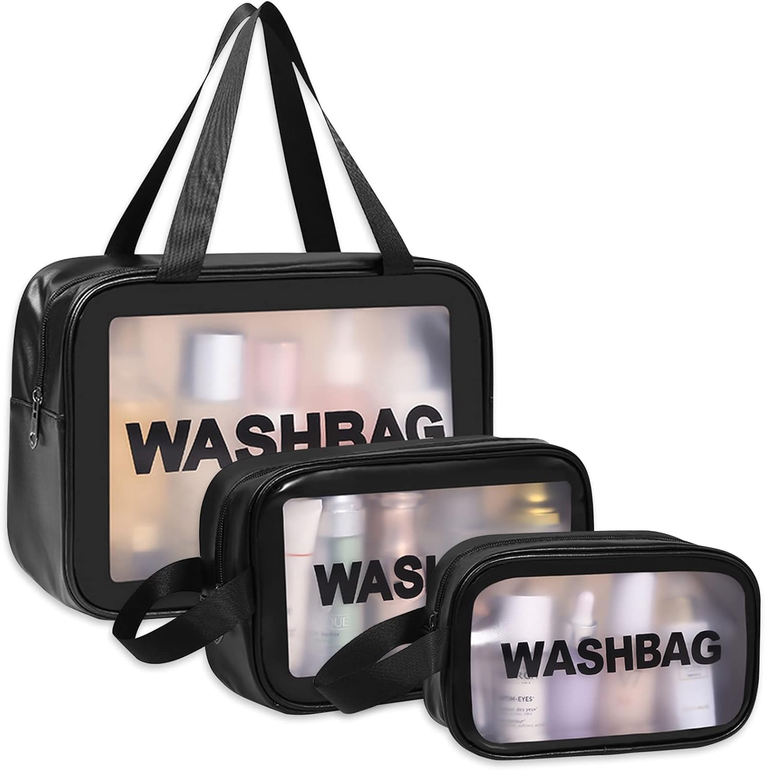 Wash Bag Pouch for Travel Kit Toiletry Bag Cosmetic Bag Make Up Box for Brushes Accessories with Handle Large Capacity Translucent Waterproof Travel Storage Organizer Set of 3 (Sky Blue)