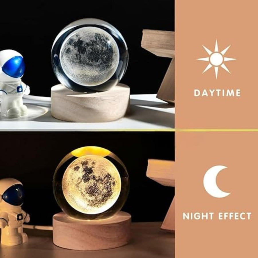 3D Galaxy Crystal Ball Night Lamp|Creative Engraved Night Light|USB Power LED Wooden Base Crystal for Home Decoration Birthday Gift for Teens|Boys, Girls(Warm White)(2.4inch) (Moon lamp-1)