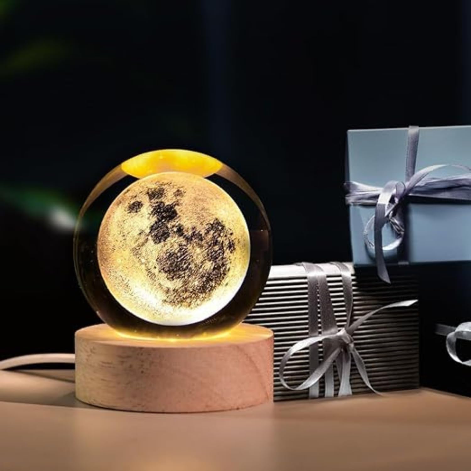 3D Galaxy Crystal Ball Night Lamp|Creative Engraved Night Light|USB Power LED Wooden Base Crystal for Home Decoration Birthday Gift for Teens|Boys, Girls(Warm White)(2.4inch) (Moon lamp-1)