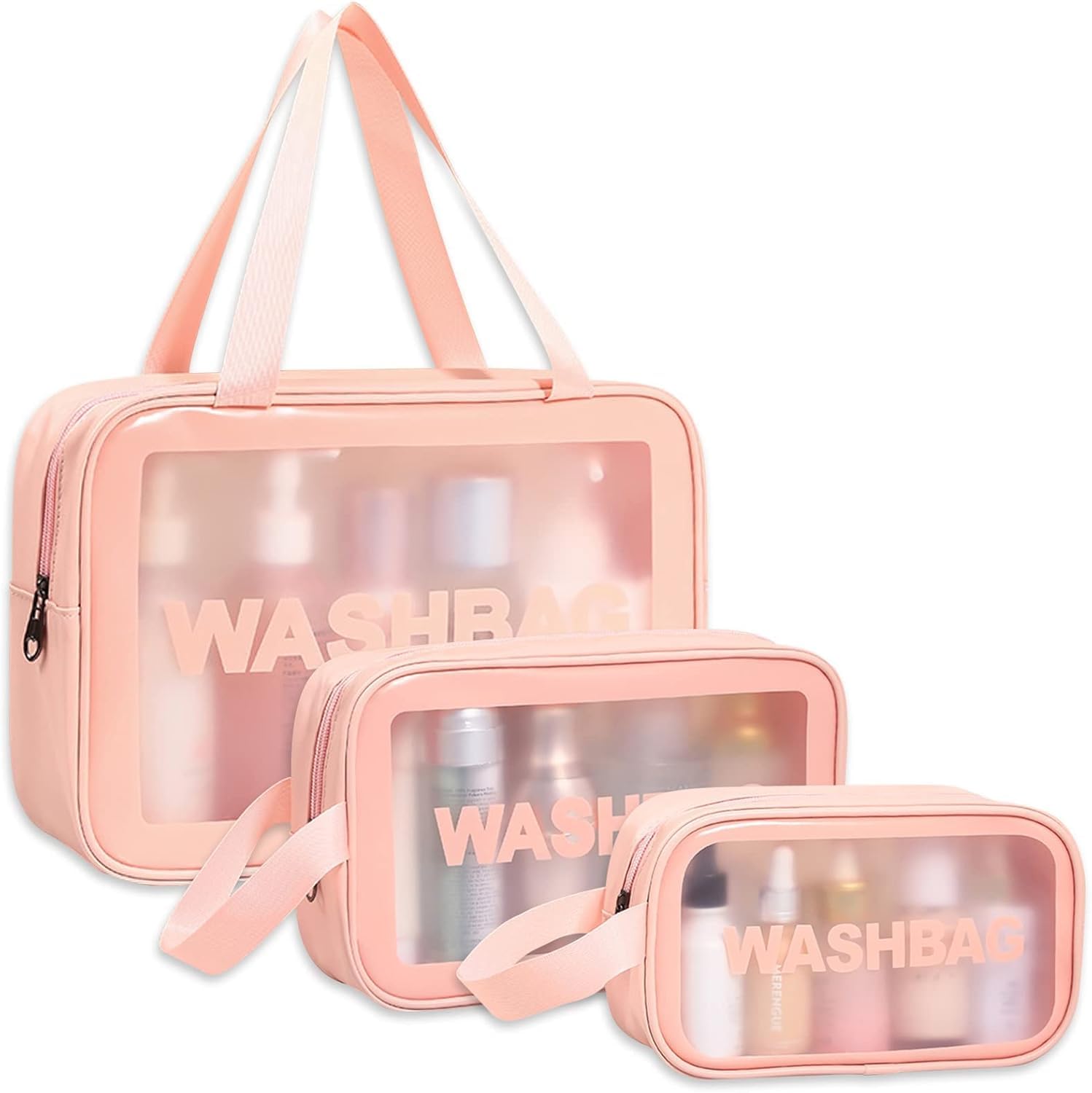 Wash Bag Pouch for Travel Kit Toiletry Bag Cosmetic Bag Make Up Box for Brushes Accessories with Handle Large Capacity Translucent Waterproof Travel Storage Organizer Set of 3 (Sky Blue)