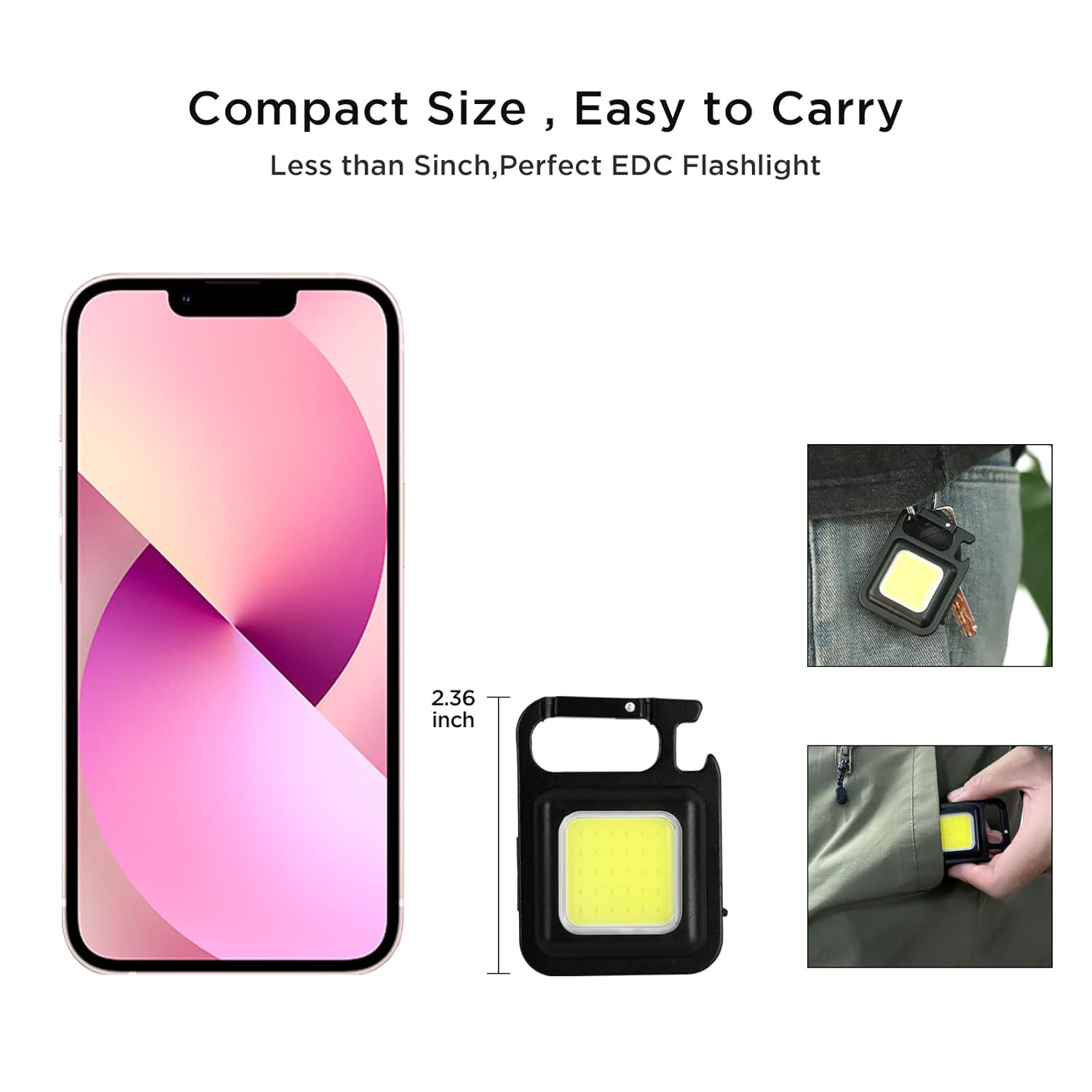 LED Mini Cob Keychain and Magentic Flashlight Portable USB Rechargeable Light 3 Light Modes with Folding Bracket,for Walking Camping?Square?,Black, 1000 Lumen