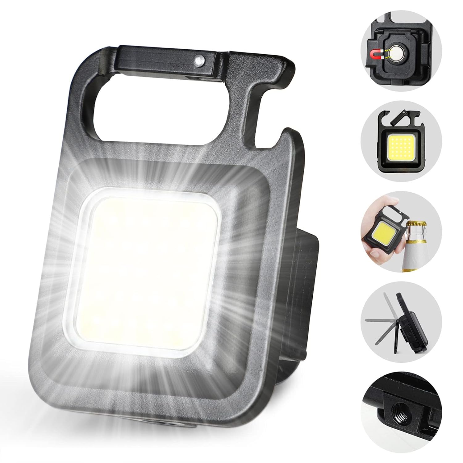 LED Mini Cob Keychain and Magentic Flashlight Portable USB Rechargeable Light 3 Light Modes with Folding Bracket,for Walking Camping?Square?,Black, 1000 Lumen