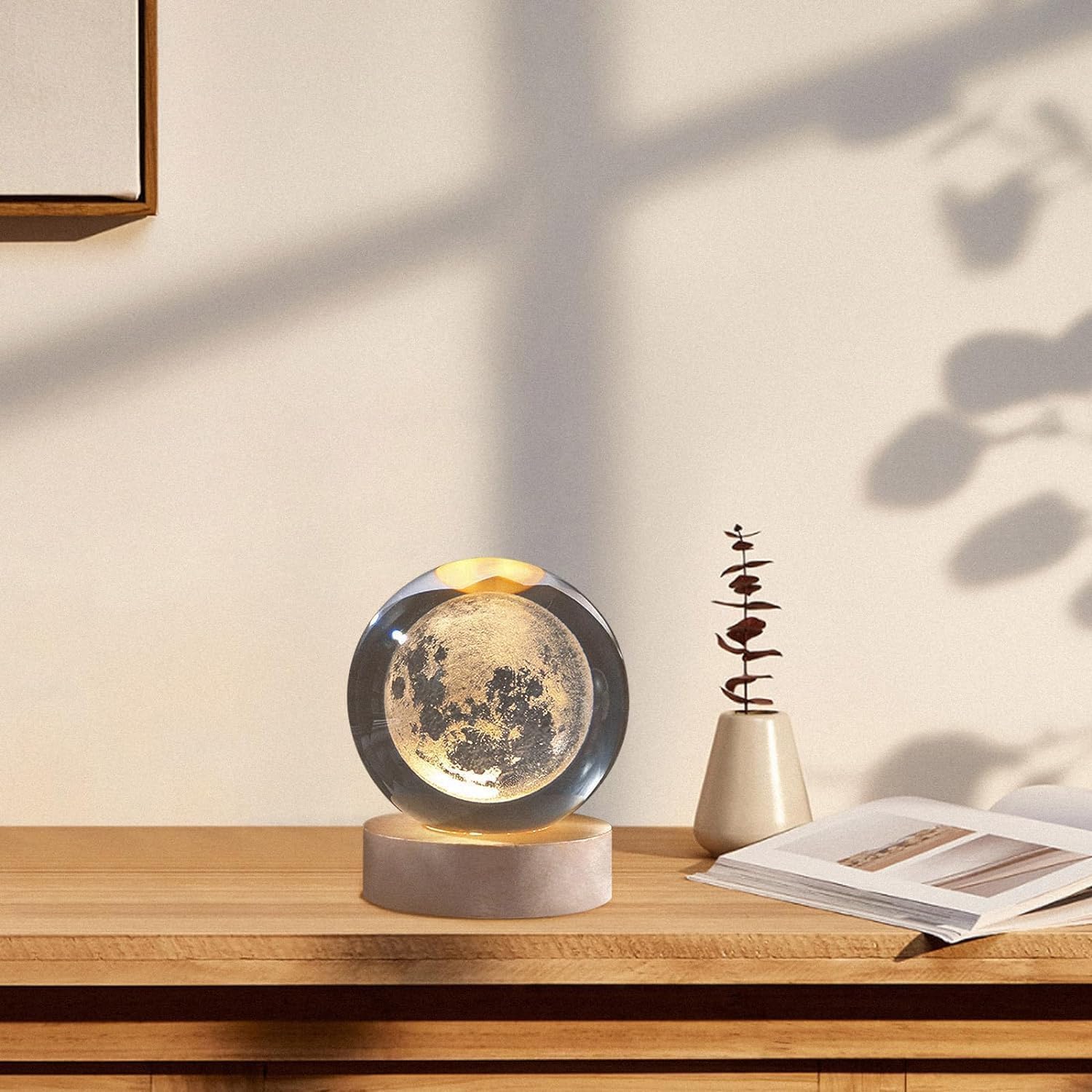 3D Galaxy Crystal Ball Night Lamp|Creative Engraved Night Light|USB Power LED Wooden Base Crystal for Home Decoration Birthday Gift for Teens|Boys, Girls(Warm White)(2.4inch) (Moon lamp-1)