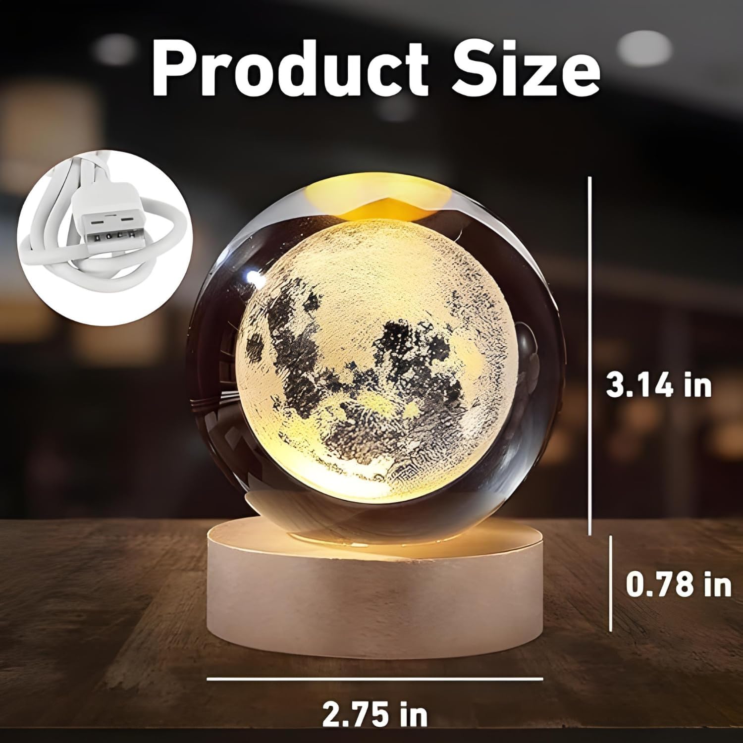 3D Galaxy Crystal Ball Night Lamp|Creative Engraved Night Light|USB Power LED Wooden Base Crystal for Home Decoration Birthday Gift for Teens|Boys, Girls(Warm White)(2.4inch) (Moon lamp-1)