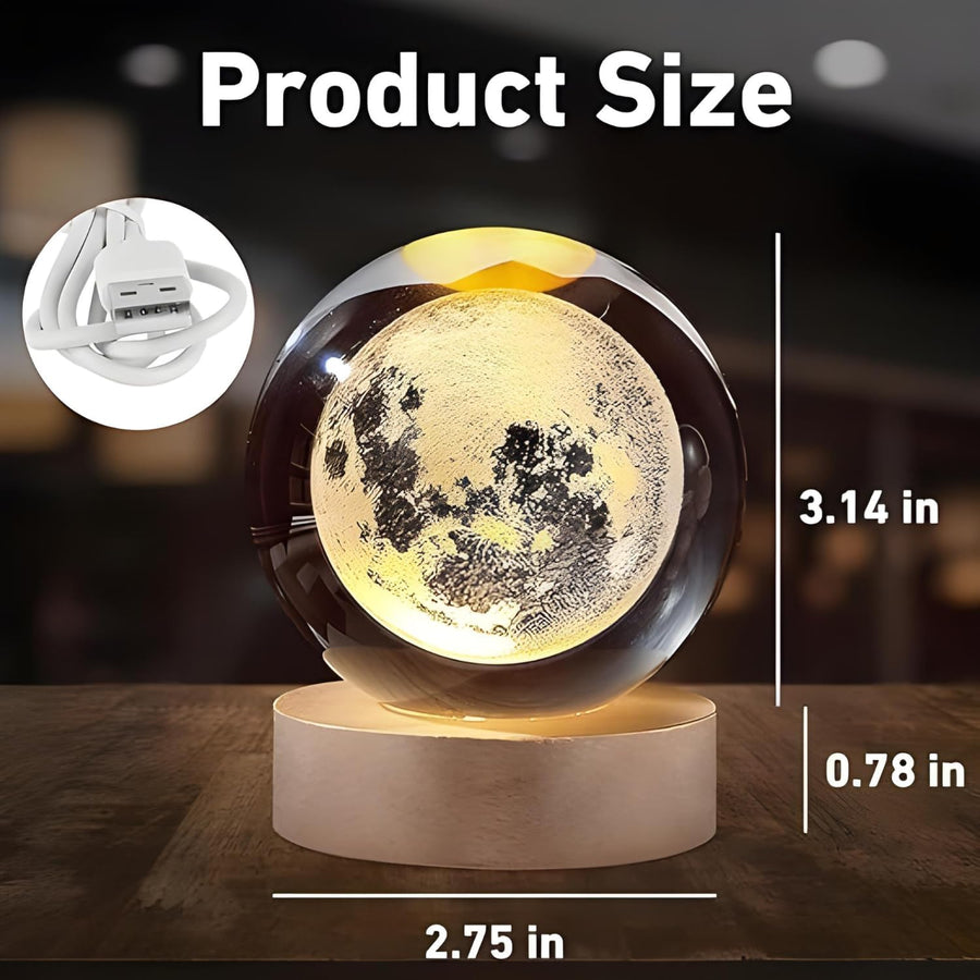 3D Galaxy Crystal Ball Night Lamp|Creative Engraved Night Light|USB Power LED Wooden Base Crystal for Home Decoration Birthday Gift for Teens|Boys, Girls(Warm White)(2.4inch) (Moon lamp-1)