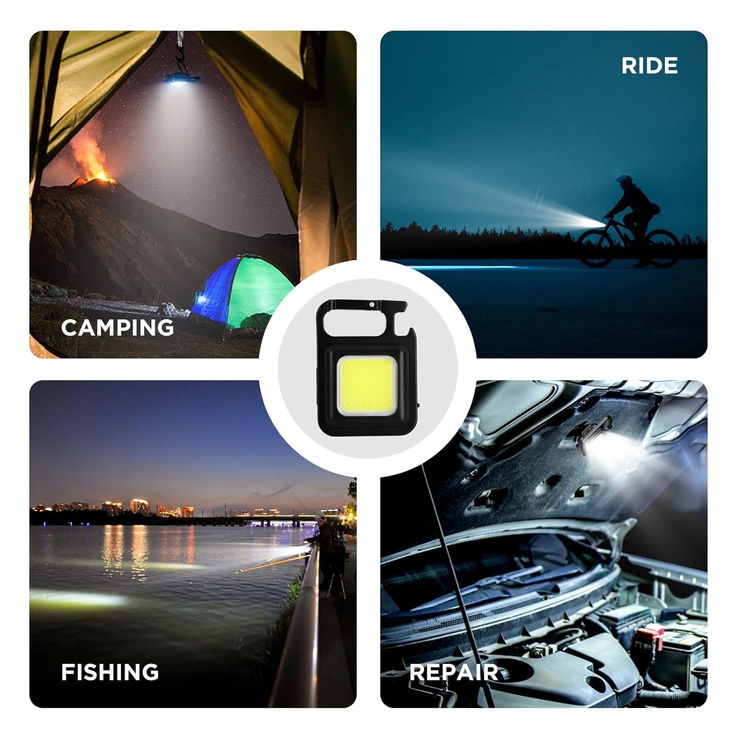 LED Mini Cob Keychain and Magentic Flashlight Portable USB Rechargeable Light 3 Light Modes with Folding Bracket,for Walking Camping?Square?,Black, 1000 Lumen