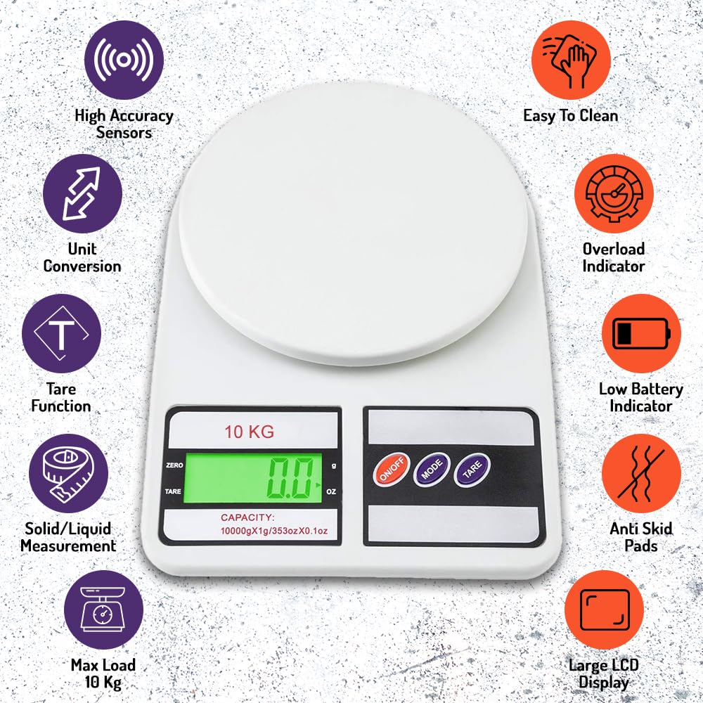 10Kg Kitchen Weight Machine 6 Months Manufacturer Warranty, Digital Scale with LCD Display, Scale for Home Baking, Cooking & Balance Diet. Machine with capacity 10Kg, SF400/A121,Color May Vary