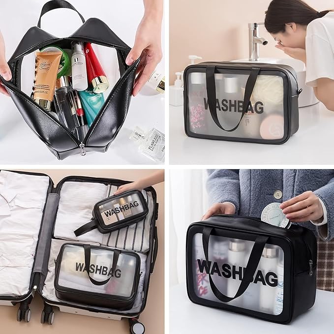 Wash Bag Pouch for Travel Kit Toiletry Bag Cosmetic Bag Make Up Box for Brushes Accessories with Handle Large Capacity Translucent Waterproof Travel Storage Organizer Set of 3 (Sky Blue)