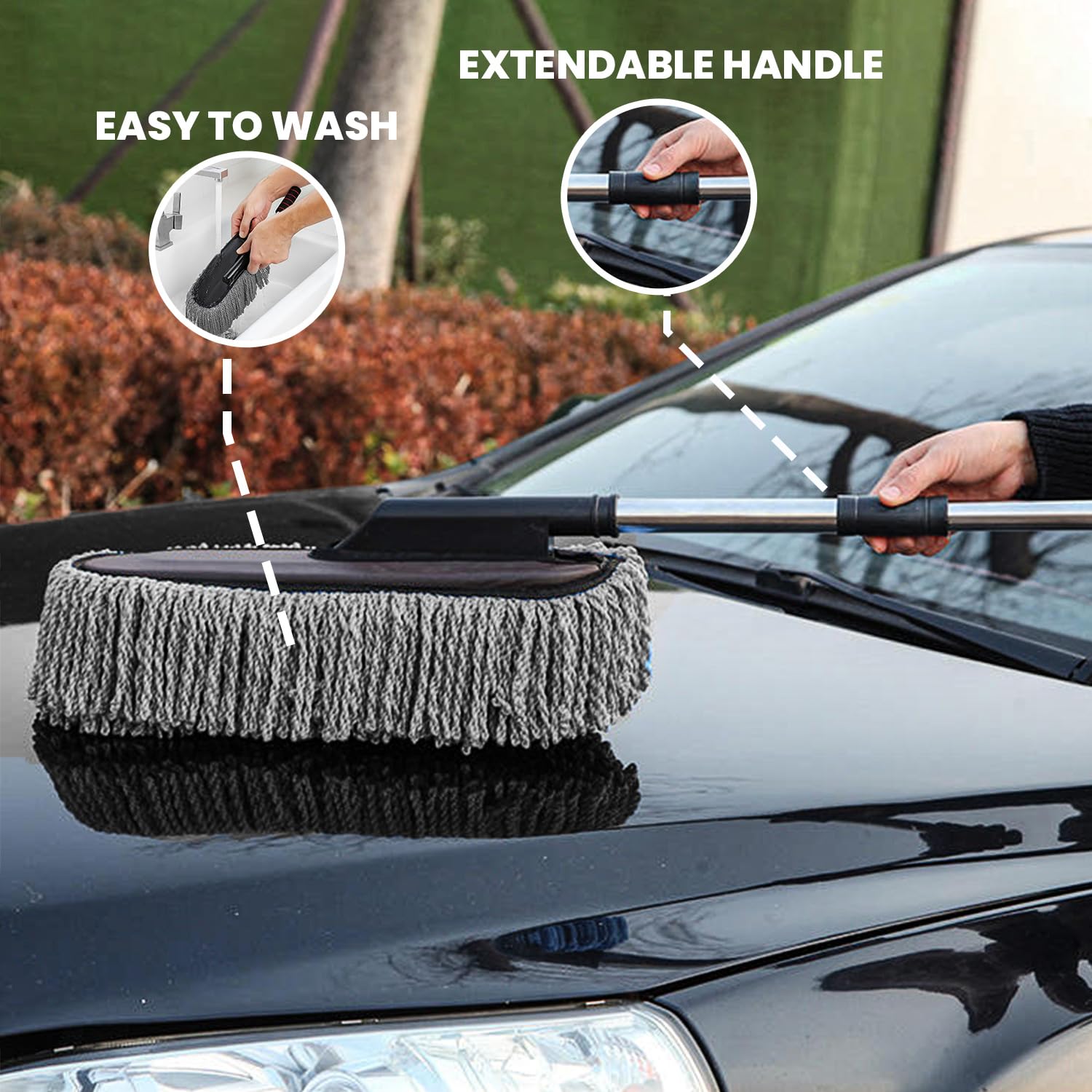 Microfiber Car Duster Brush with Extendable Handle | Dusting Brush for Interior & Exterior | Scratch-Free Cleaning Microfiber Duster for Car & Home Cleaning (Grey)