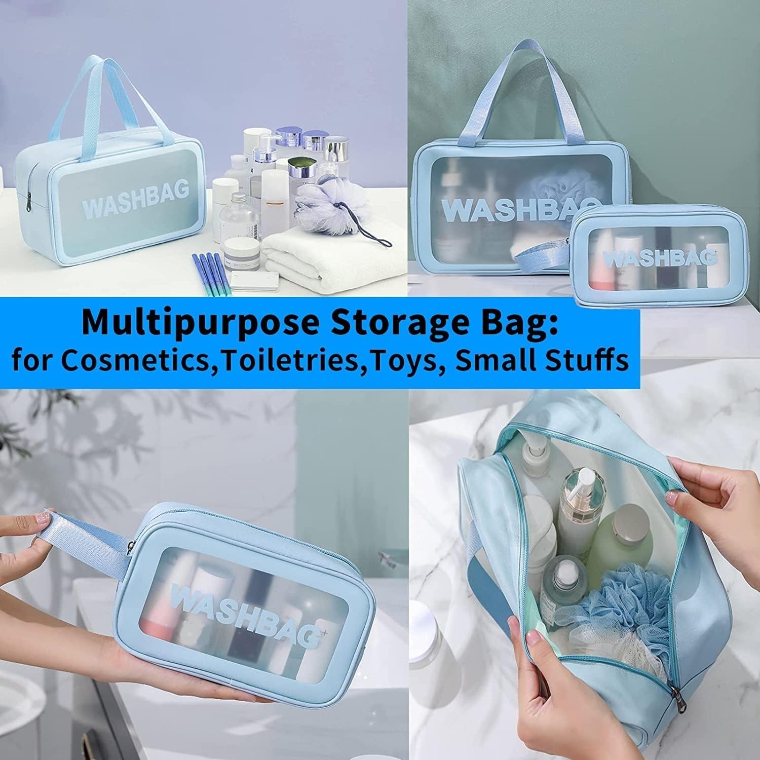 Wash Bag Pouch for Travel Kit Toiletry Bag Cosmetic Bag Make Up Box for Brushes Accessories with Handle Large Capacity Translucent Waterproof Travel Storage Organizer Set of 3 (Sky Blue)