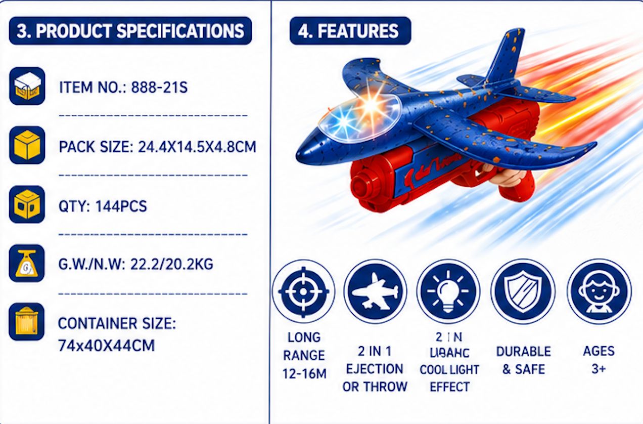2-in-1 Airplane Launcher Toy for Kids – Flying Aircraft Catapult Toy with Light Effect, 12–16M Range, Ages 3+