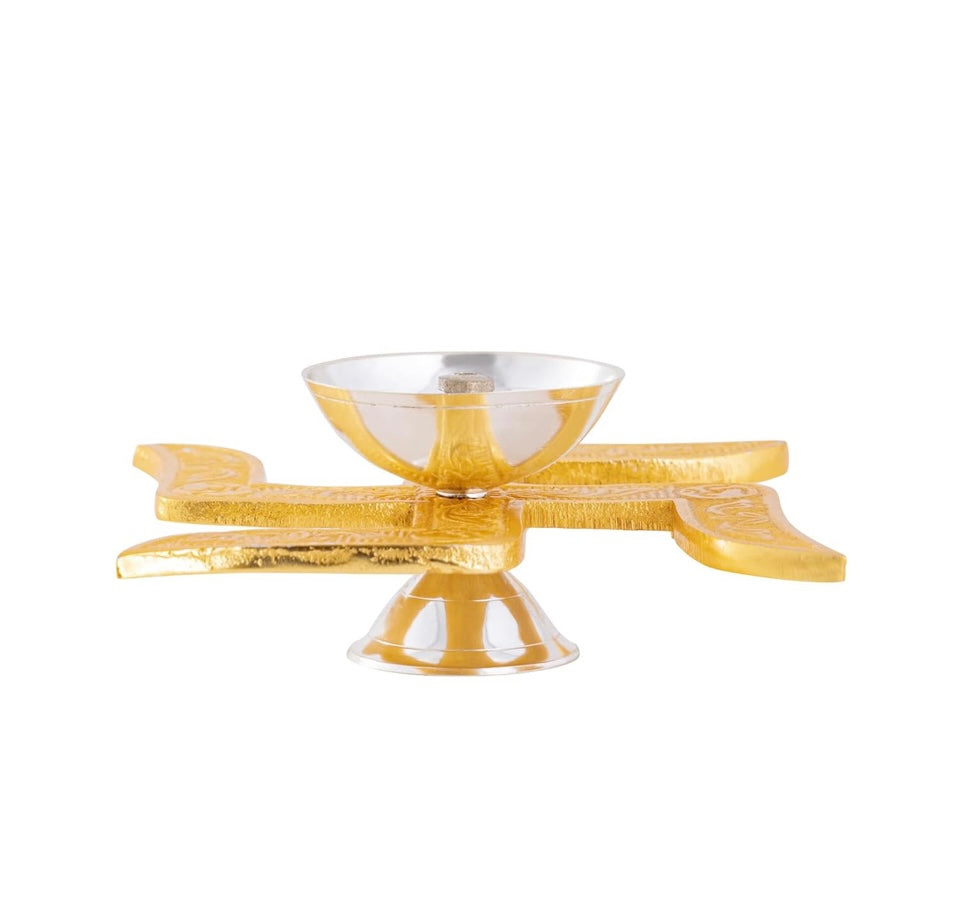 Ein Sof Swastik Brass Akhand Diya for Puja with Gift Box, Gold & White Akhand Diyas Pooja Room Decoration, Return Gift & House Warming Gift