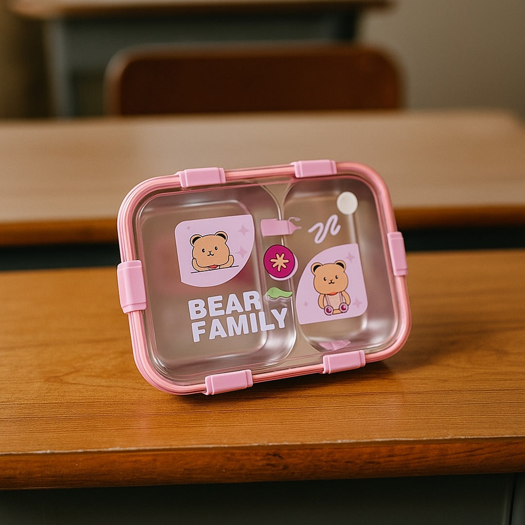 🧸 Bear Family Stainless Steel Lunch Box – 2 Compartments 🥪