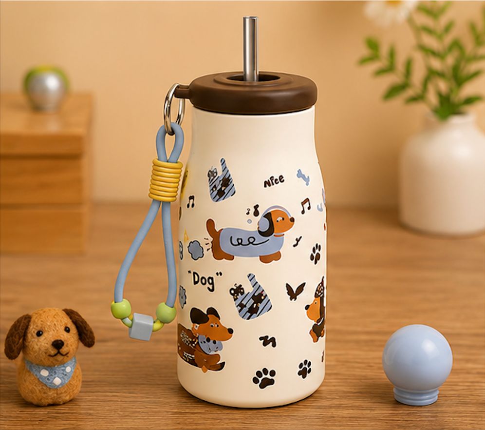Cute Kids Straw Water Bottle with Strap – Little Ball Cup Cartoon Sipper Bottle for School & Outdoor Use