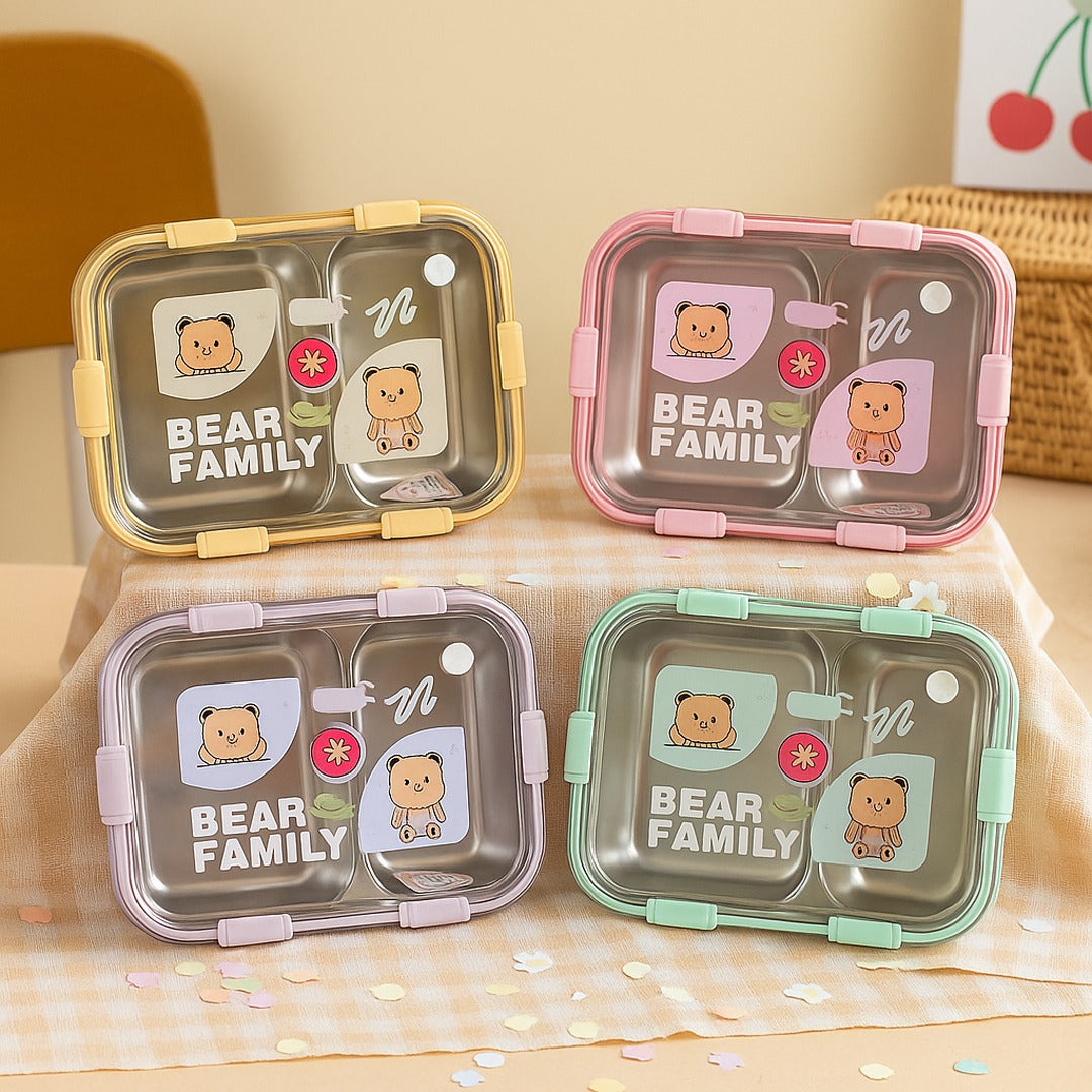 🧸 Bear Family Stainless Steel Lunch Box – 2 Compartments 🥪