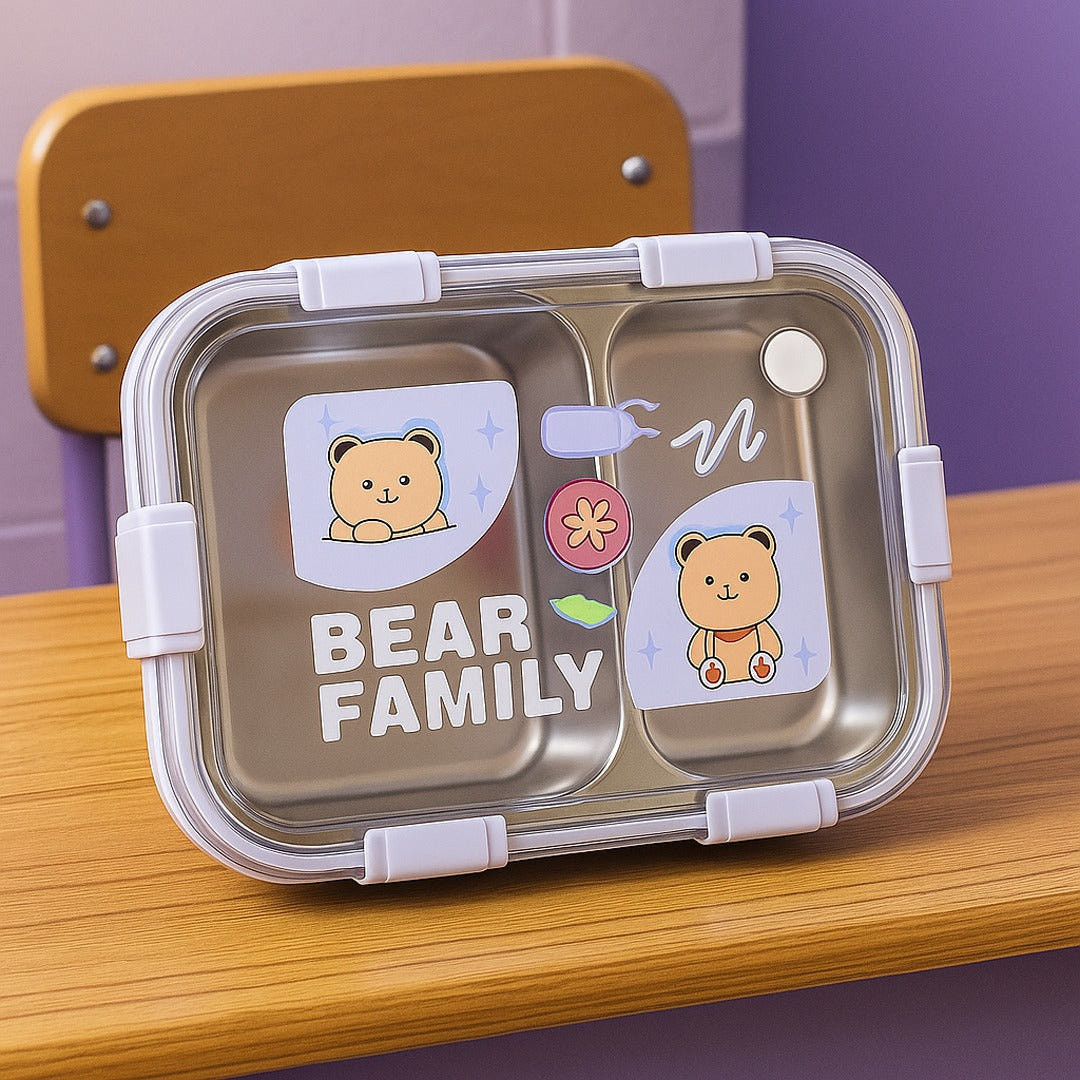 🧸 Bear Family Stainless Steel Lunch Box – 2 Compartments 🥪