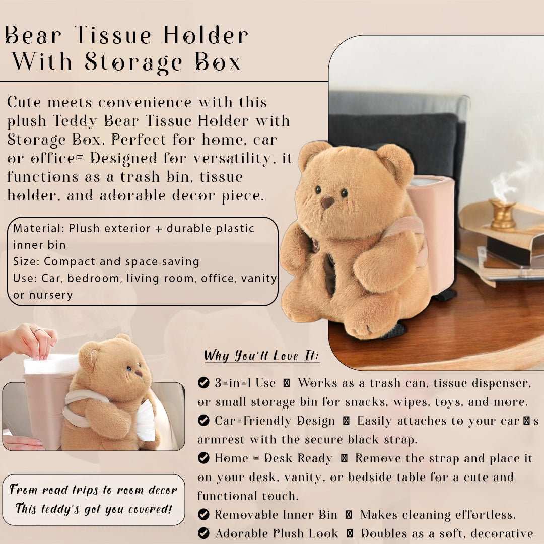 DailyNeedDeals™ Car Tissue Box and Trash Can Cute Bear Soft Car Armrest