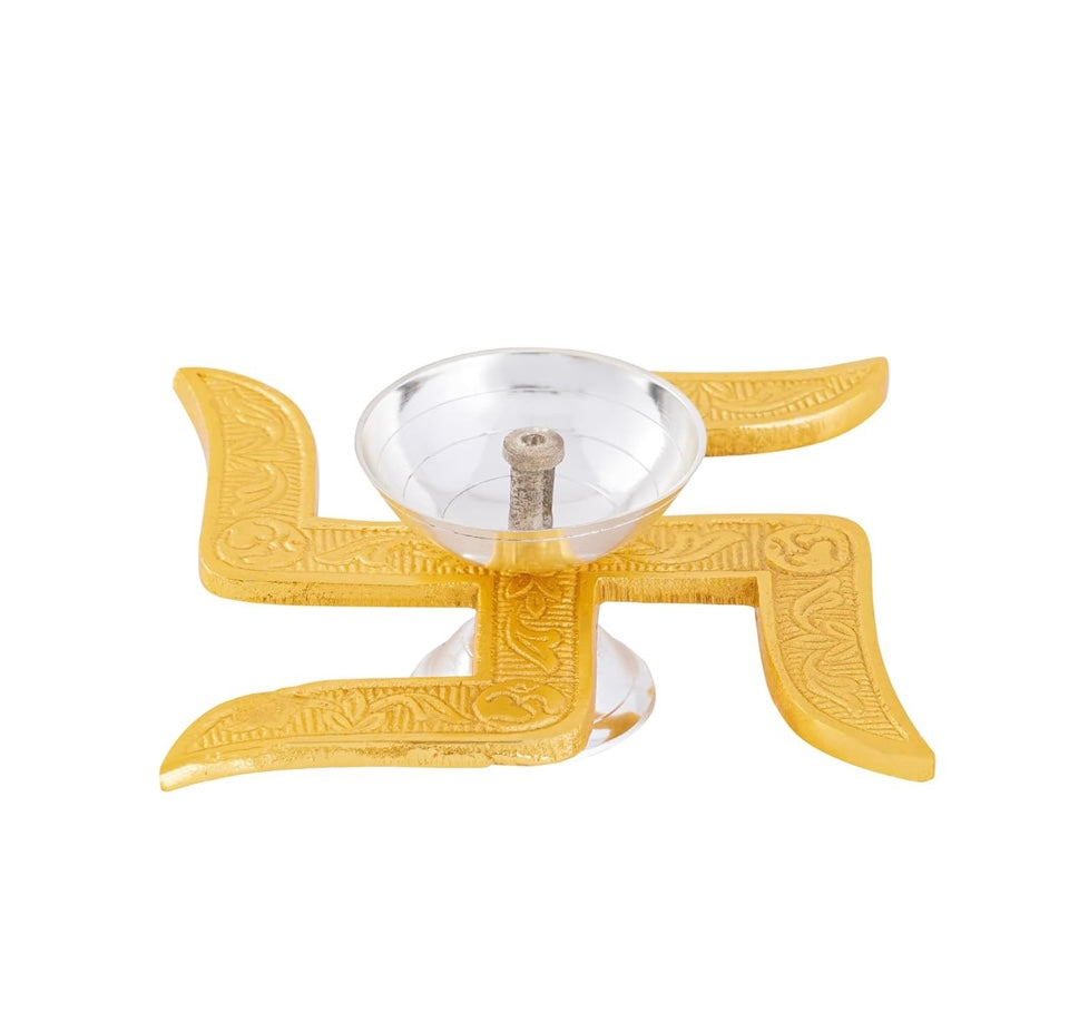 Ein Sof Swastik Brass Akhand Diya for Puja with Gift Box, Gold & White Akhand Diyas Pooja Room Decoration, Return Gift & House Warming Gift