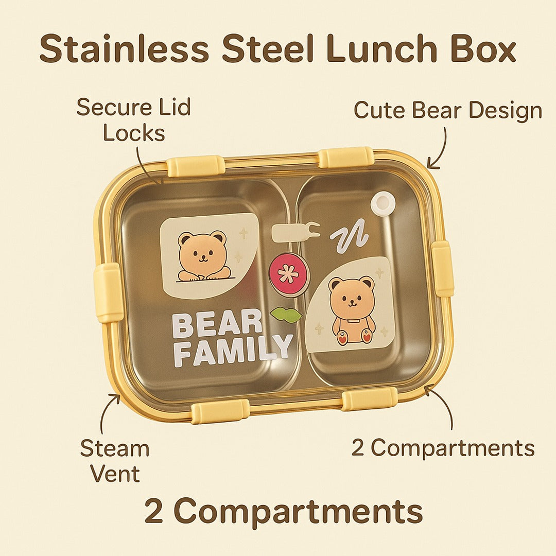 🧸 Bear Family Stainless Steel Lunch Box – 2 Compartments 🥪