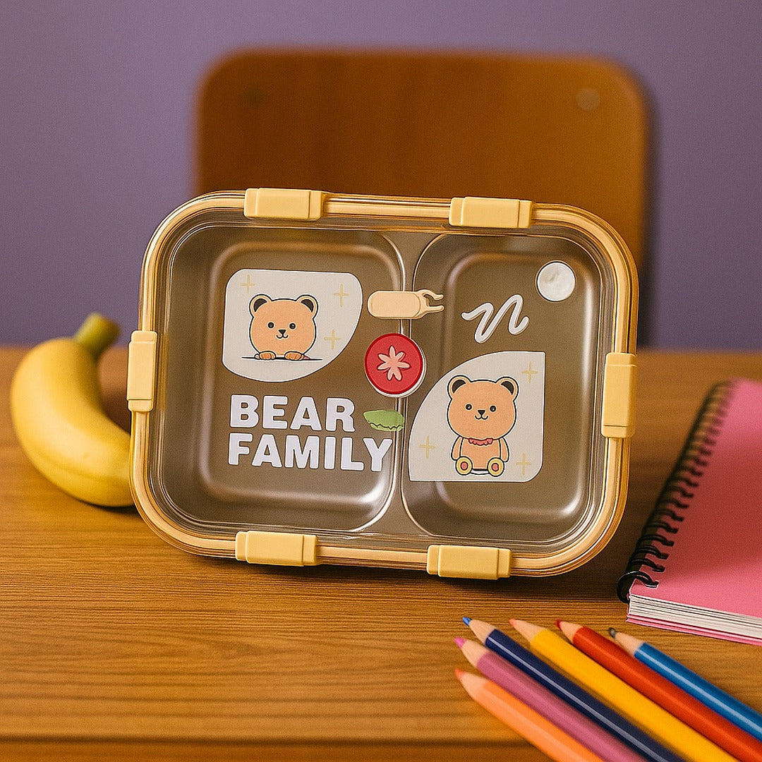 🧸 Bear Family Stainless Steel Lunch Box – 2 Compartments 🥪